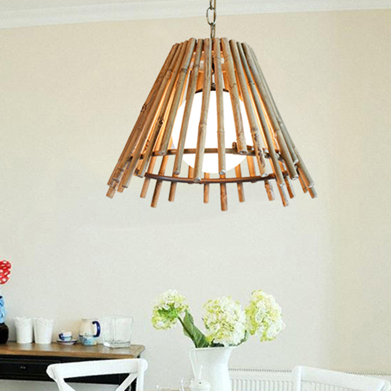 Vintage Bamboo Cone Ceiling Light With Led Bulb & Adjustable Cord