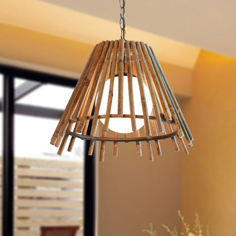 Vintage Bamboo Cone Shade Ceiling Light With Led Bulb - Natural Wood Suspension Lamp