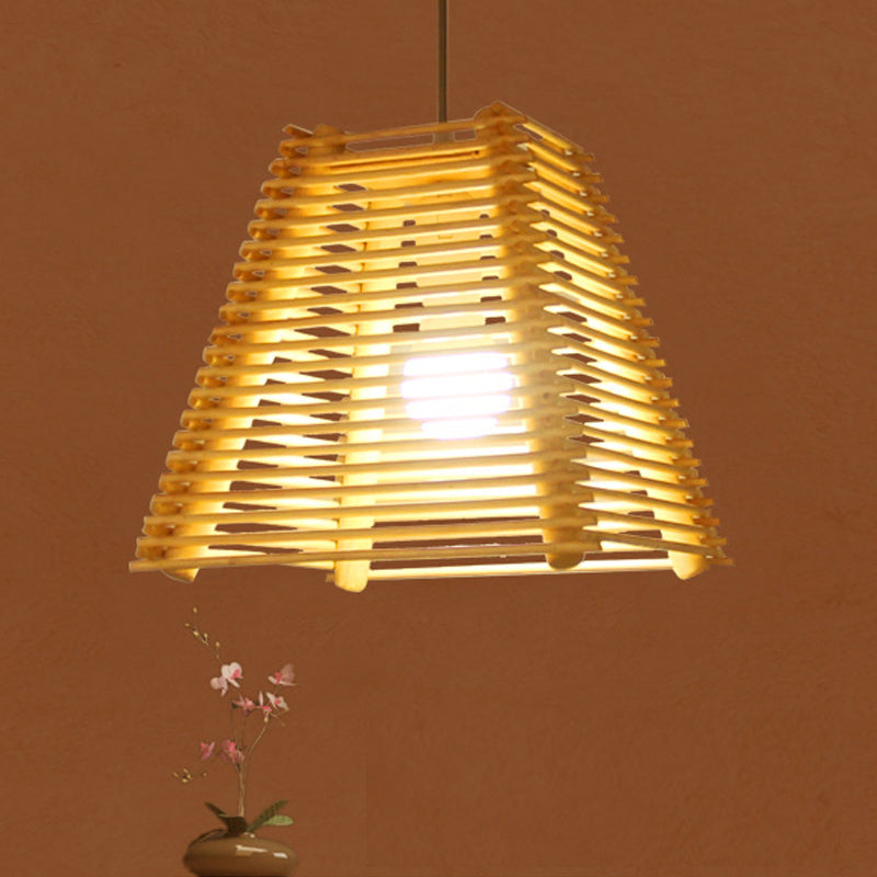 Modern Bamboo Pendant Light With Natural Wood Finish And White Glass Shade