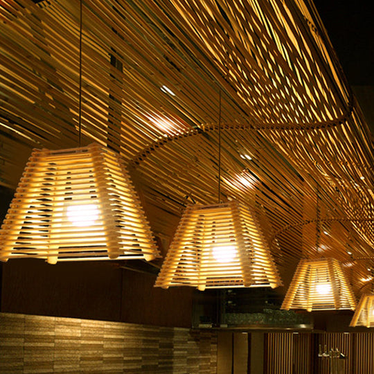 Modern Bamboo Pendant Light With Natural Wood Finish And White Glass Shade