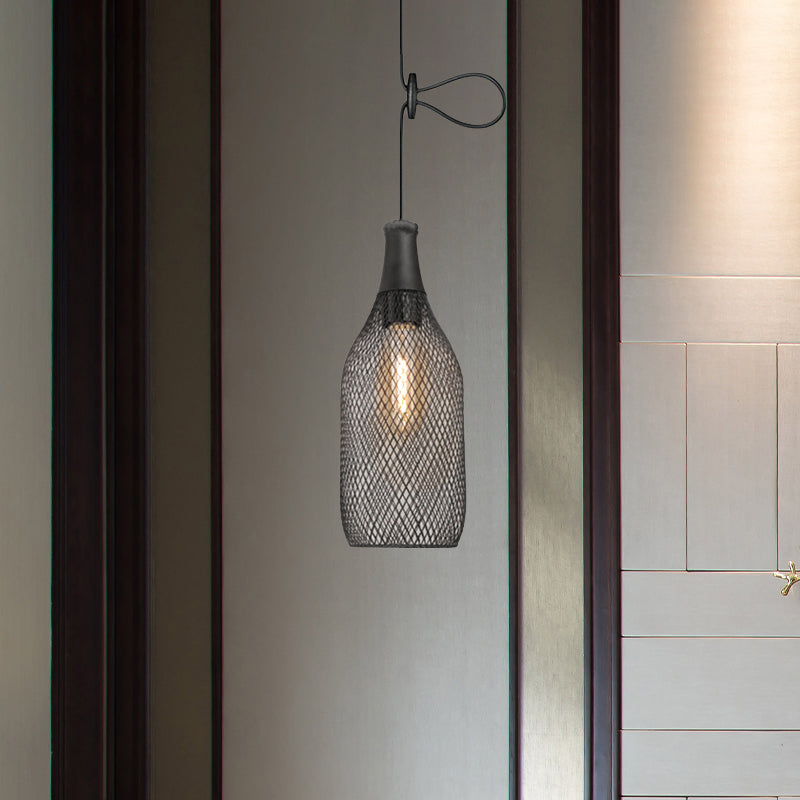 Industrial Wire Mesh Metal Pendant Light - Adjustable Height Black Finish