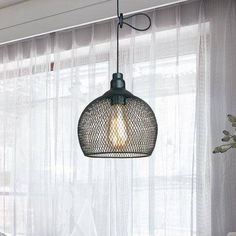 Industrial Wire Mesh Metal Pendant Light - Adjustable Height Black Finish