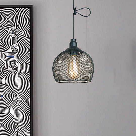 Industrial Black Wire Mesh Pendant Light With Height Adjustable Hanging Lamp For Dining Room
