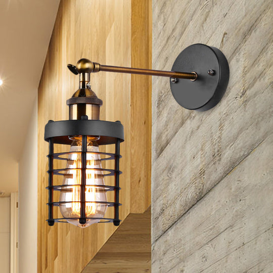 Industrial Rustic Metal Caged Wall Lighting: 1-Light Indoor Mini Wall-Mount Light With Cylindrical