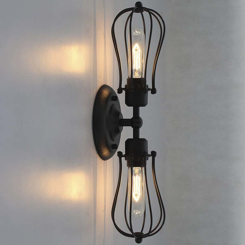 Vintage Industrial 1/2-Light Metal Bulb Wall Sconce With Cage Shade For Restaurants - Black/Nickel