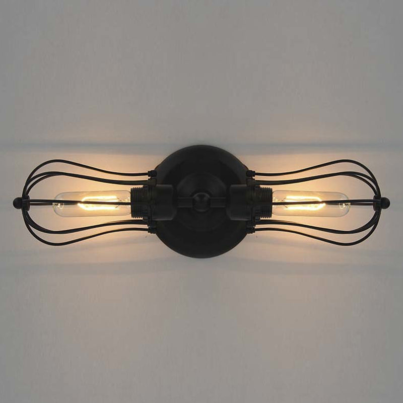 Vintage Industrial 1/2-Light Metal Bulb Wall Sconce With Cage Shade For Restaurants - Black/Nickel