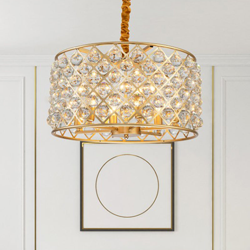 Minimalist 6-Light Crystal Ball Pendulum Chandelier In Gold Finish - Lattice Diamond Design For