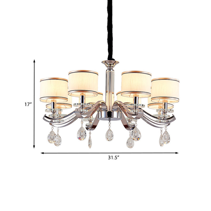 Modern Chrome Finish Chandelier With 8 Bulbs And Metallic Curved Arms - Small Drum Fabric Shade
