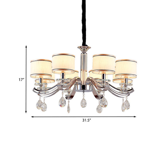 Modern Chrome Finish Chandelier With 8 Bulbs And Metallic Curved Arms - Small Drum Fabric Shade