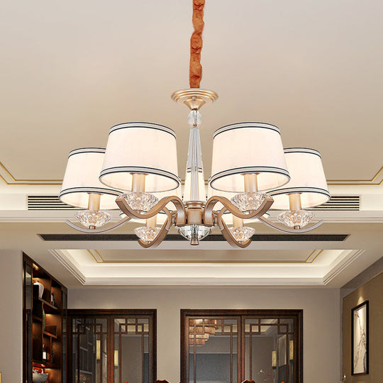 Modernist 6-Light Fabric Barrel Ceiling Chandelier With Crystal Bobeche - Bedroom Suspension Lamp