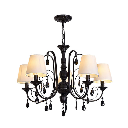 Modern Black Candle Chandelier Light With 5 Metal Lights And Fabric Shade - Ideal For Restaurants
