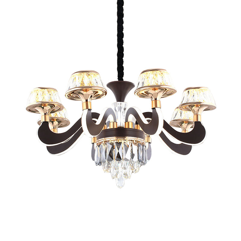 Modern Black Crystal Chandelier With 6 Led Lights And Gooseneck Arm - Stylish Ceiling Pendant