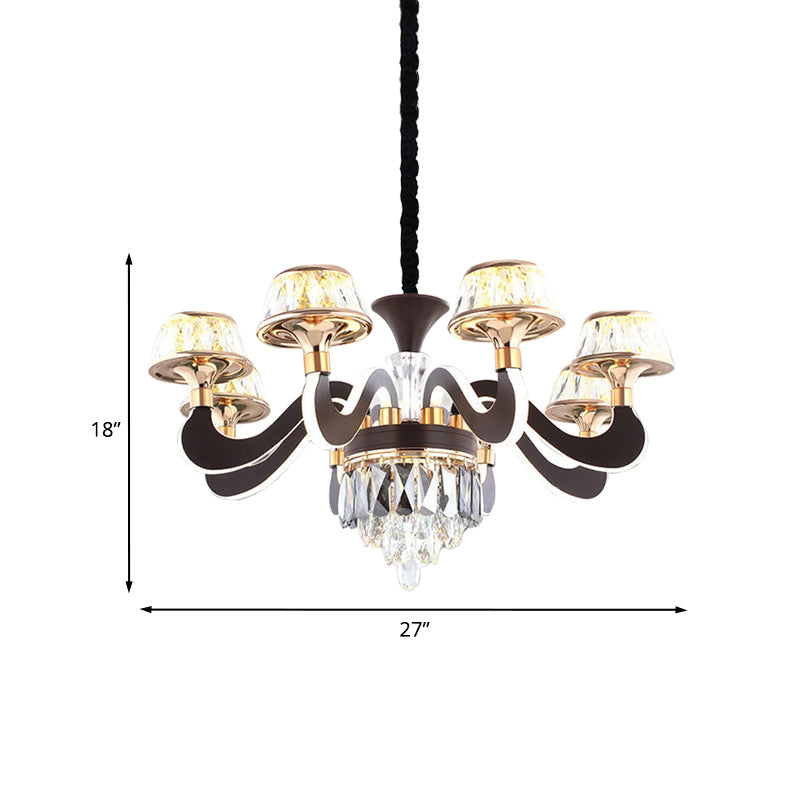 Modern Black Crystal Chandelier With 6 Led Lights And Gooseneck Arm - Stylish Ceiling Pendant