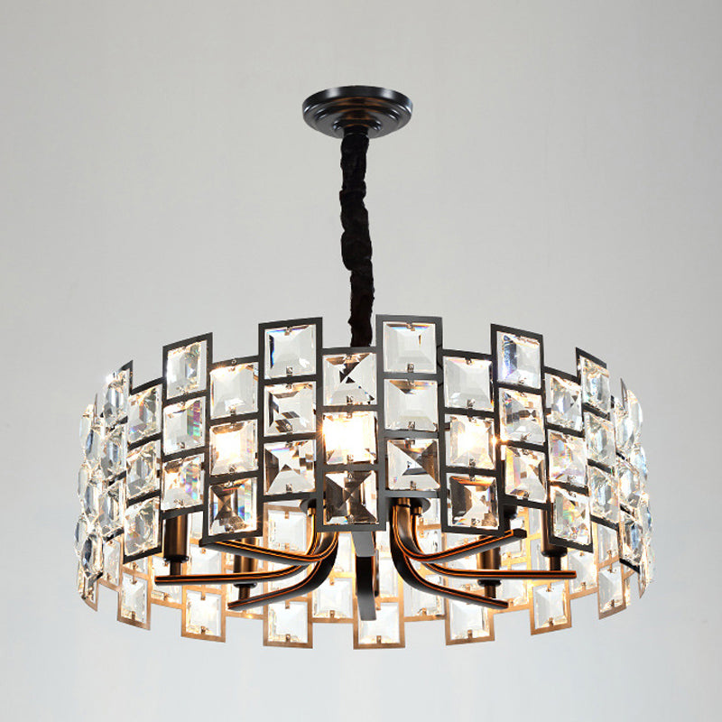 Modern Round Pendant Lighting - 8-Light Crystal Block Chandelier Lamp In Black