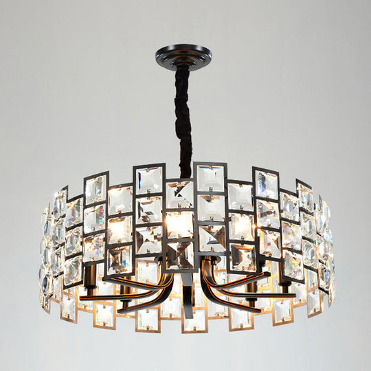 Modern Round Pendant Lighting - 8-Light Crystal Block Chandelier Lamp In Black