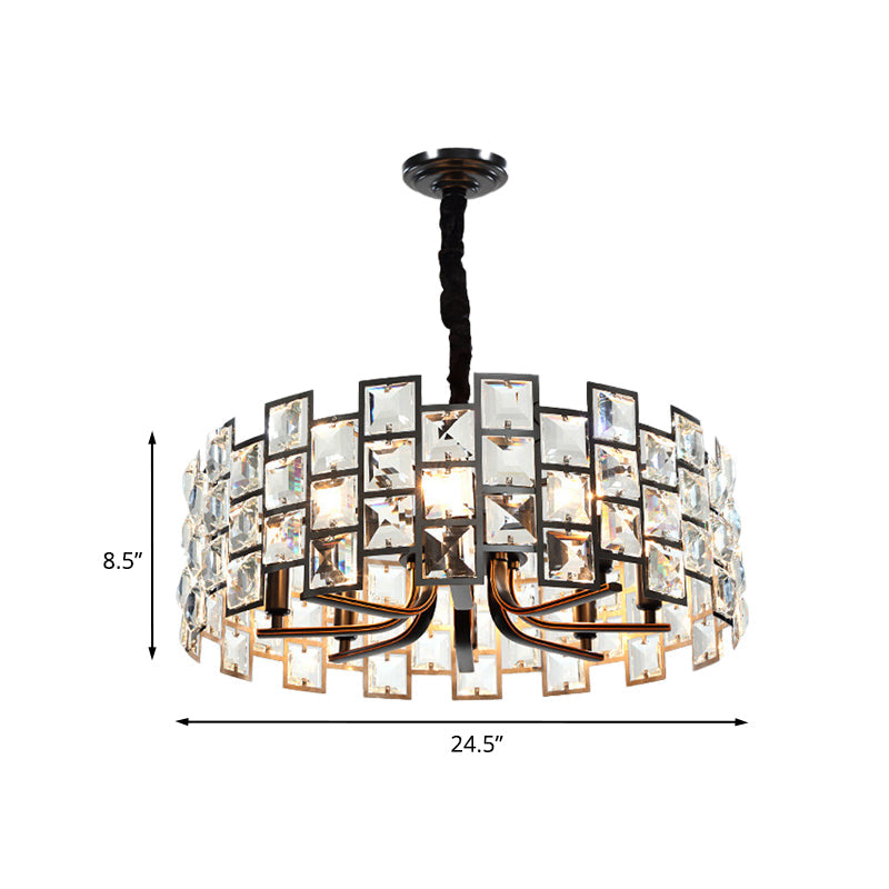 Modern Round Pendant Lighting - 8-Light Crystal Block Chandelier Lamp In Black