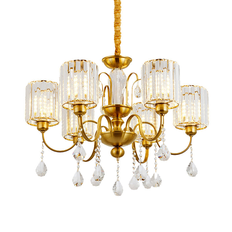 Modern Crystal Block 6-Light Cylinder Pendant Chandelier With Gold Finish - Ideal For Living Room