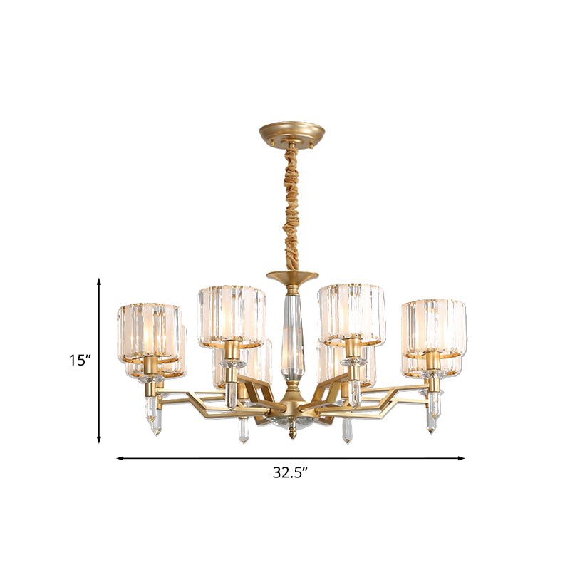 Gold Prismatic Crystal Chandelier - Postmodern Cylinder Design With 8 Heads Living Room Suspended