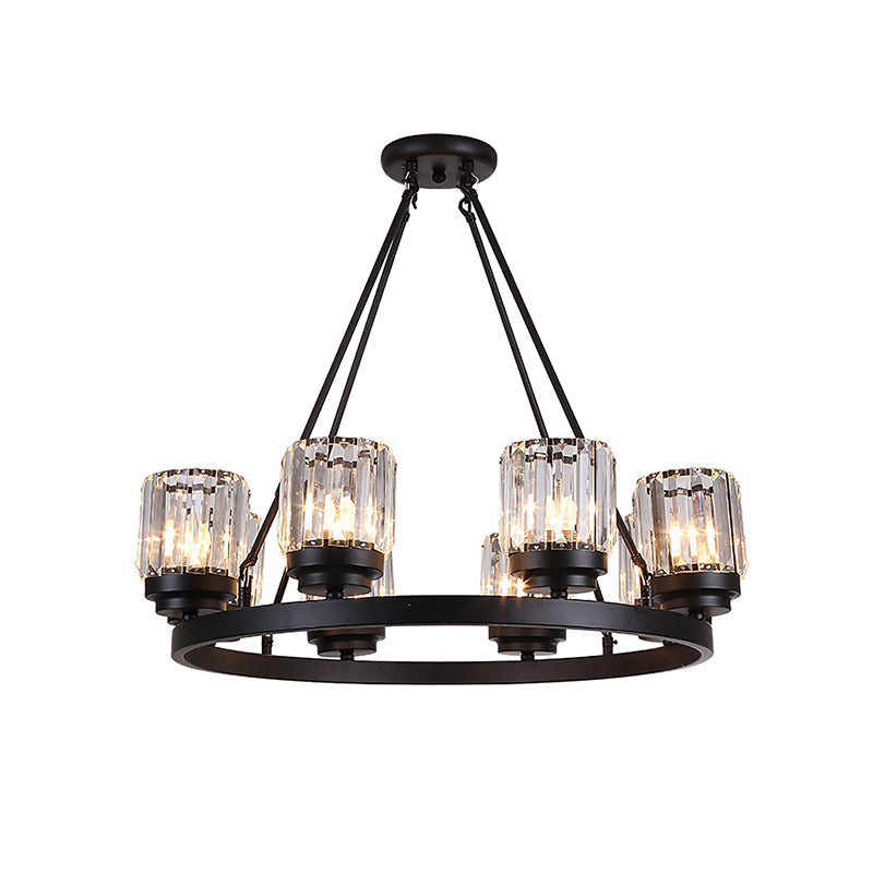 Vintage Iron Wagon Wheel Chandelier - Black 8-Head Pendant With Crystal Cylinder Shade Living Room