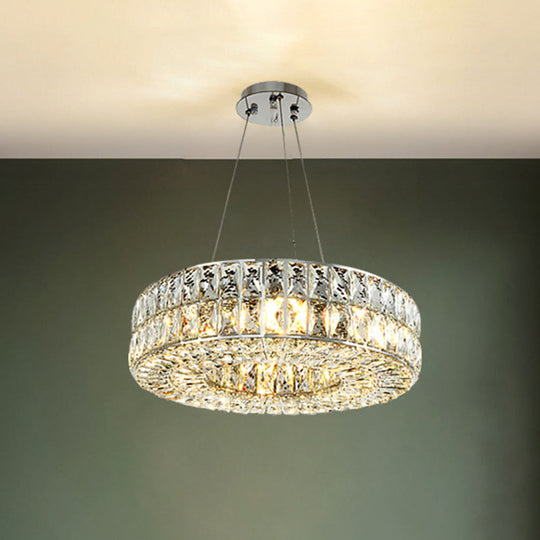 Minimalist Chrome Chandelier With Beveled Crystal Prisms - Circle Design 8-Bulb Pendant Light For