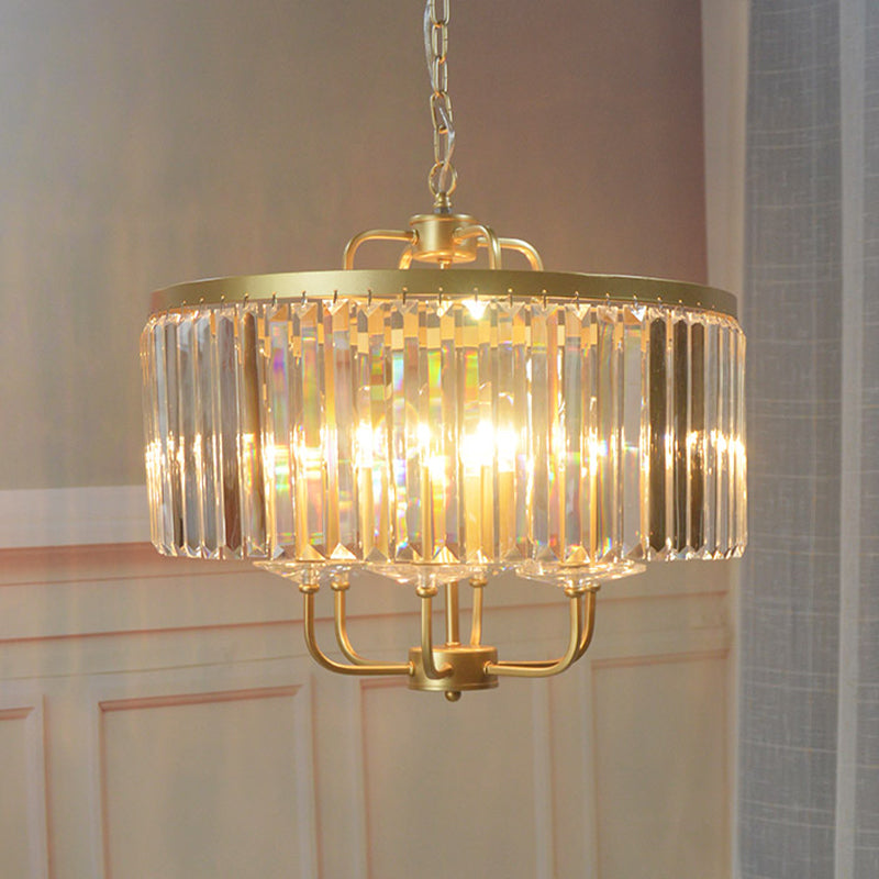 Golden Drum Chandelier With 7 Heads And Tri-Sided Crystal Rods - Modern Hanging Light Fixture