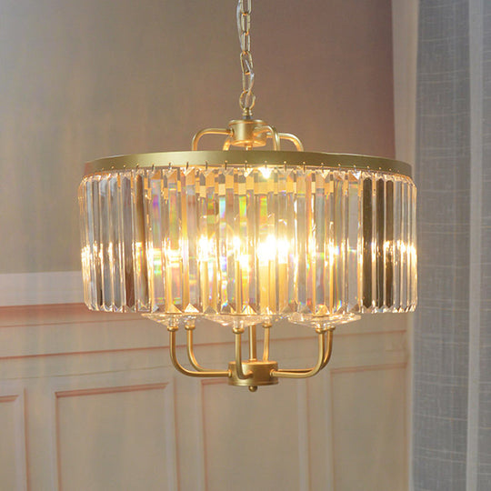 Golden Drum Chandelier With 7 Heads And Tri-Sided Crystal Rods - Modern Hanging Light Fixture