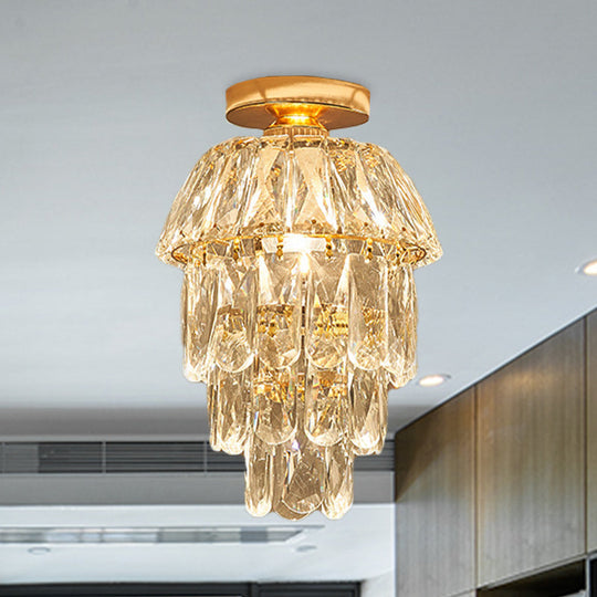 Gold Cylinder Pinecone Foyer Ceiling Lamp - Simple Crystal Design With Semi-Flush Mount 1 Bulb