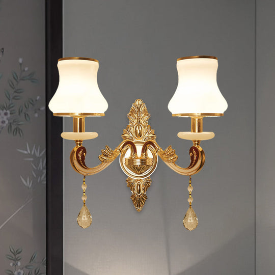 Vintage Gold Wall Sconce With Curved Milk Glass Lampshade - 2 Heads Bedroom Mount Lamp