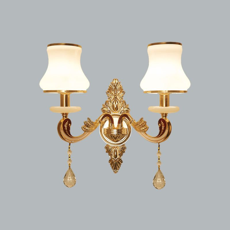 Vintage Gold Wall Sconce With Curved Milk Glass Lampshade - 2 Heads Bedroom Mount Lamp