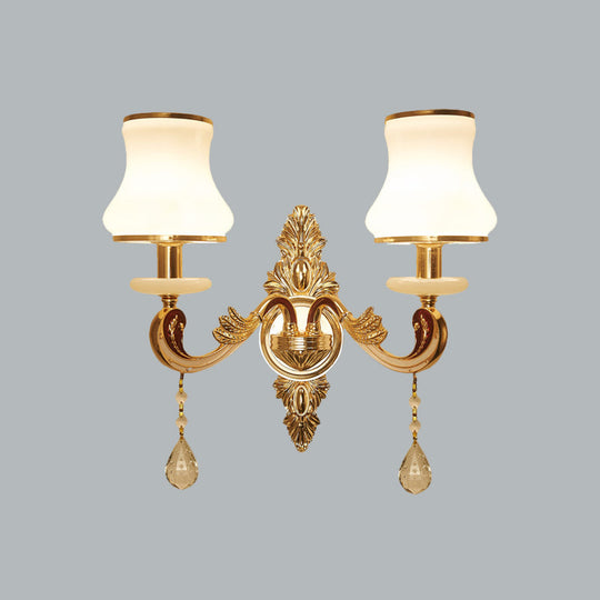 Vintage Gold Wall Sconce With Curved Milk Glass Lampshade - 2 Heads Bedroom Mount Lamp