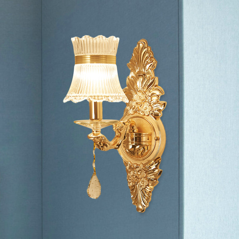 Traditional Clear Ribbed Glass Wall Sconce Light With Gold Carved Arm - Flower/Sector Design /