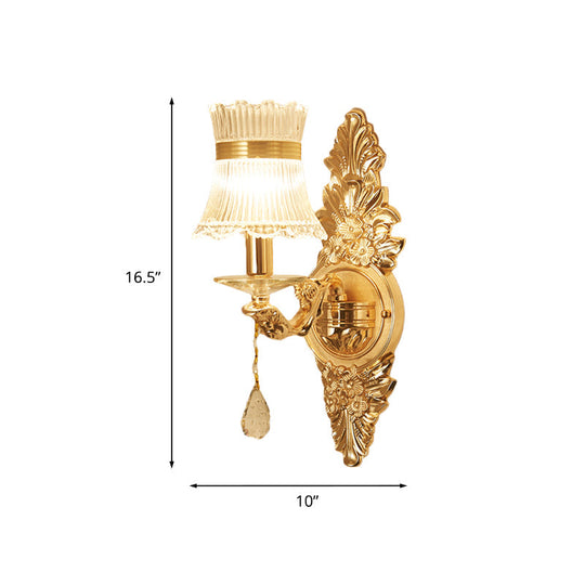 Traditional Clear Ribbed Glass Wall Sconce Light With Gold Carved Arm - Flower/Sector Design