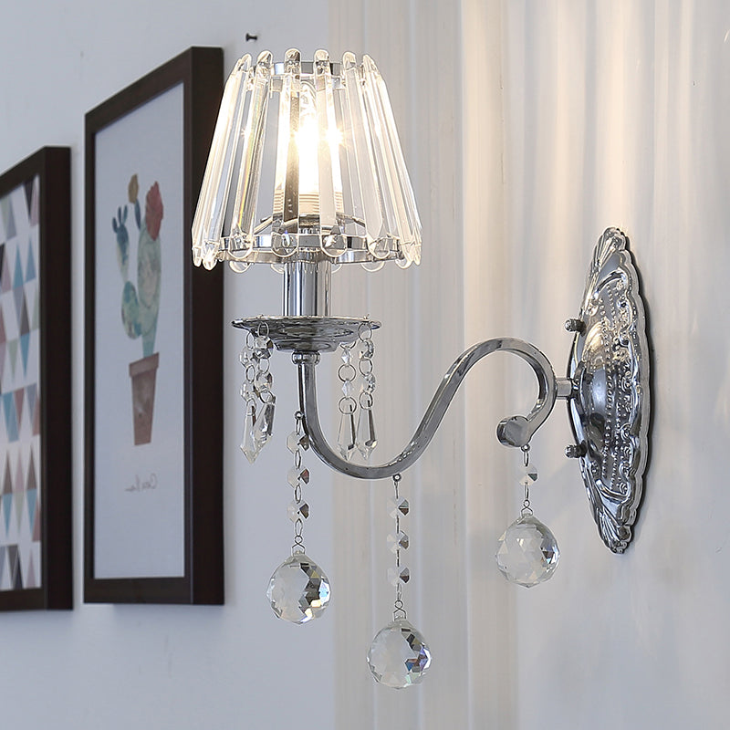 Contemporary Crystal Cone Wall Light Kit - Chrome Sconce With Drops 1/2-Light Fixture 1 /