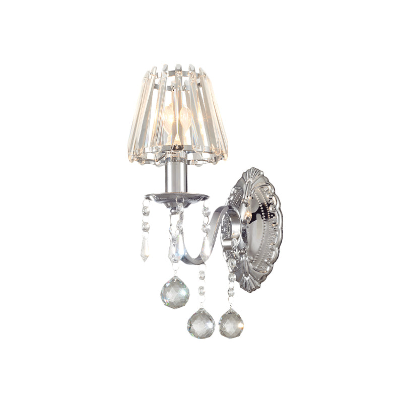 Contemporary Crystal Cone Wall Light Kit - Chrome Sconce With Drops 1/2-Light Fixture