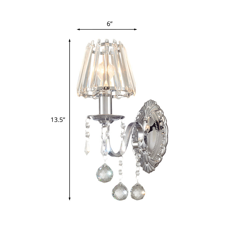 Contemporary Crystal Cone Wall Light Kit - Chrome Sconce With Drops 1/2-Light Fixture