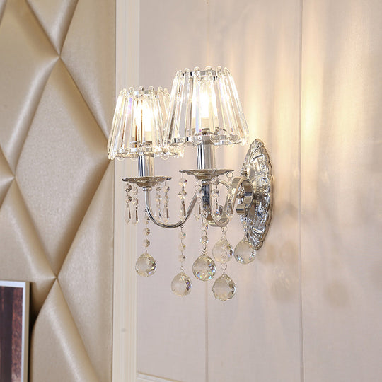 Contemporary Crystal Cone Wall Light Kit - Chrome Sconce With Drops 1/2-Light Fixture 2 /
