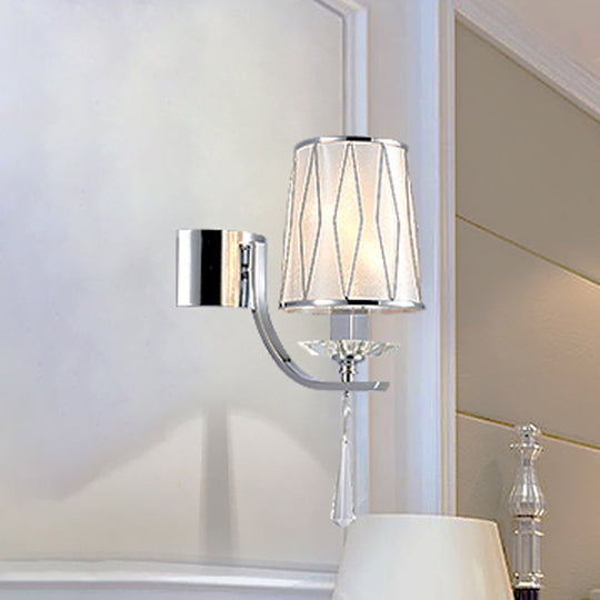 Modern Chrome Wall Lamp With K9 Crystal Drop And Diamond-Pattern Barrel Design