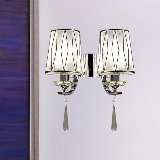 Modern Chrome Wall Lamp With K9 Crystal Drop And Diamond-Pattern Barrel Design
