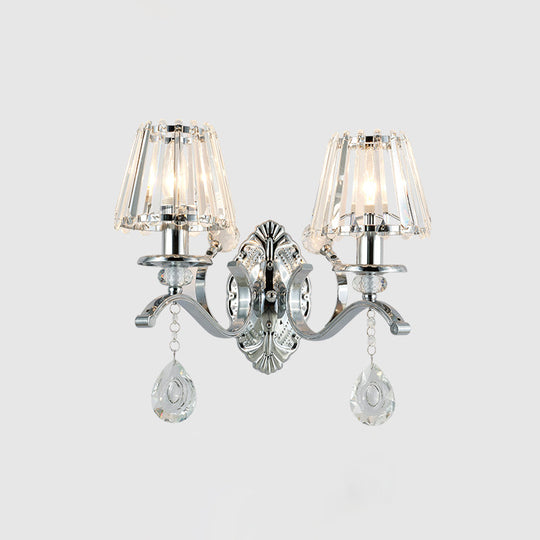Contemporary Crystal Conical Wall Sconce - 2-Light Silver Lighting For Living Room