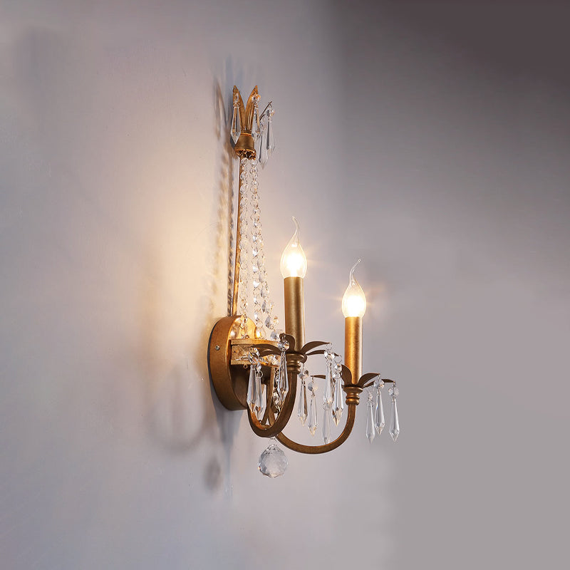 Rustic Antiqued Gold Iron Wall Mount Lighting With Crystal Accent - 2-Head Candlestick Lamp