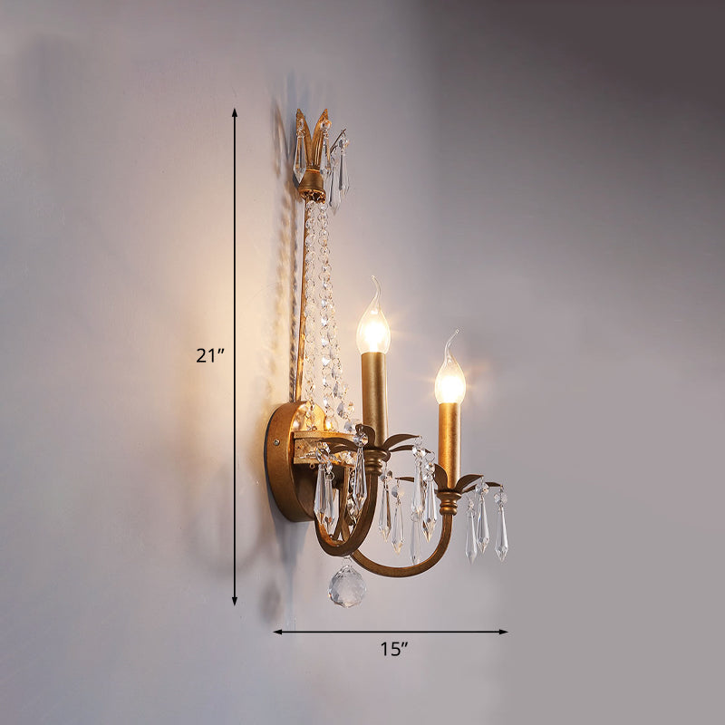 Rustic Antiqued Gold Iron Wall Mount Lighting With Crystal Accent - 2-Head Candlestick Lamp