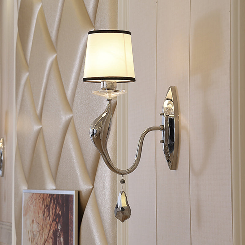 Modern Chrome Wall Lamp With Tapered Fabric Shade - Stylish Living Room Sconce Light