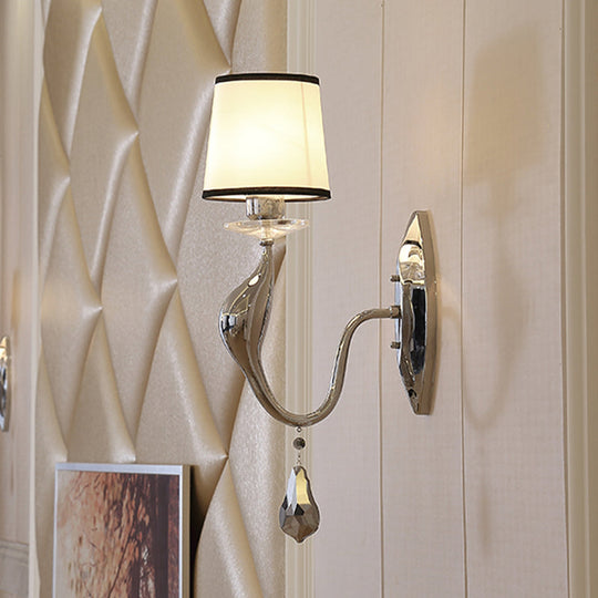 Modern Chrome Wall Lamp With Tapered Fabric Shade - Stylish Living Room Sconce Light
