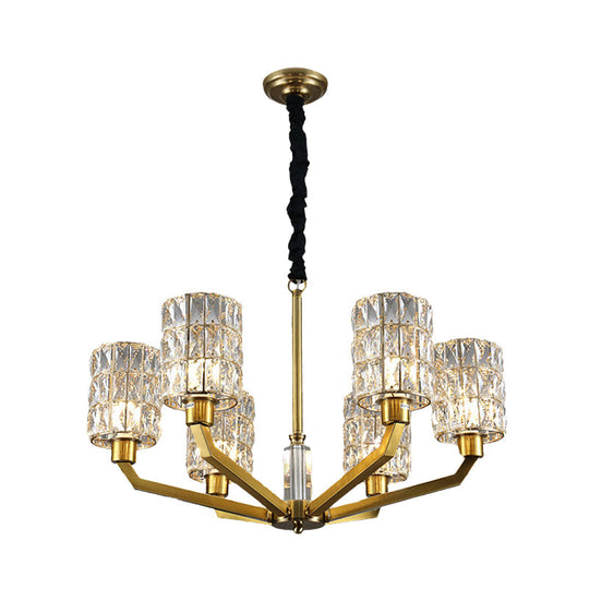 Gold Pendant Chandelier With Crystal Cylinder Shade - Modern Bedroom Lighting Fixture (6 Heads)