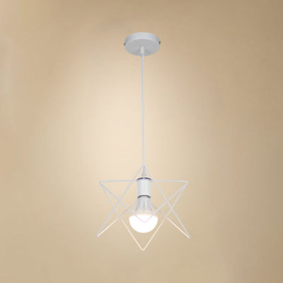 Vintage Pendant Light With Wire Frame Star Shade & White Finish - Bedroom Suspension Lighting