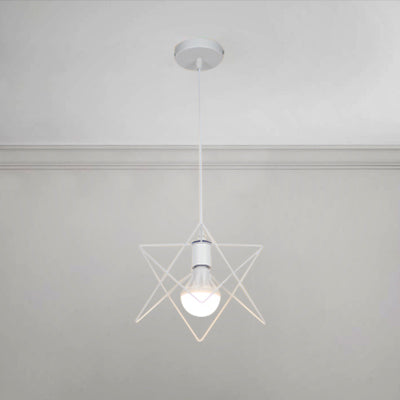 Vintage Pendant Light With Wire Frame Star Shade & White Finish - Bedroom Suspension Lighting