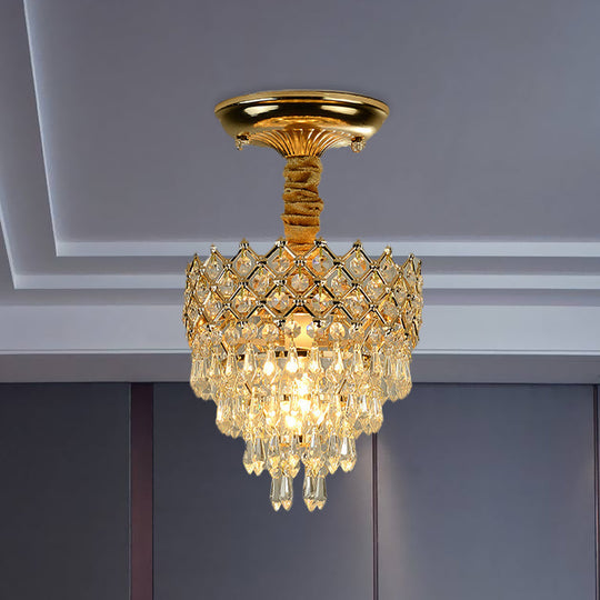 Semi Flush Mount Crystal Droplet Ceiling Lamp With Gold Crown Top - Traditional 1 - Light For