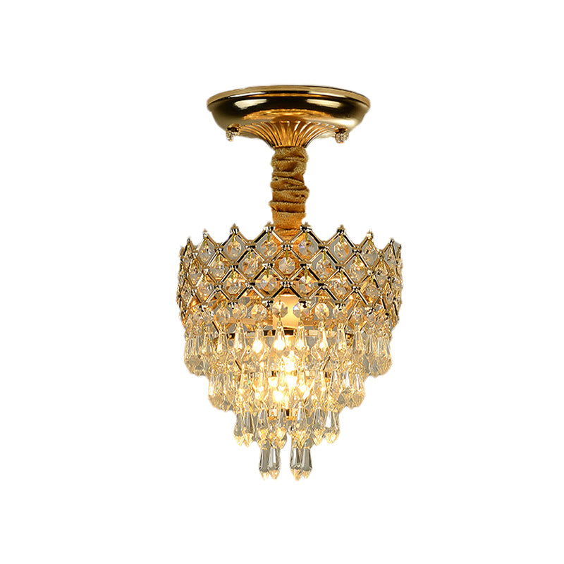 Semi Flush Mount Crystal Droplet Ceiling Lamp With Gold Crown Top - Traditional 1 - Light For