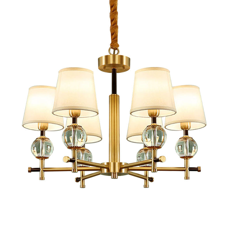 Contemporary 6-Head Conic Chandelier In Brass With Crystal Accents - Bedroom Pendant Lamp