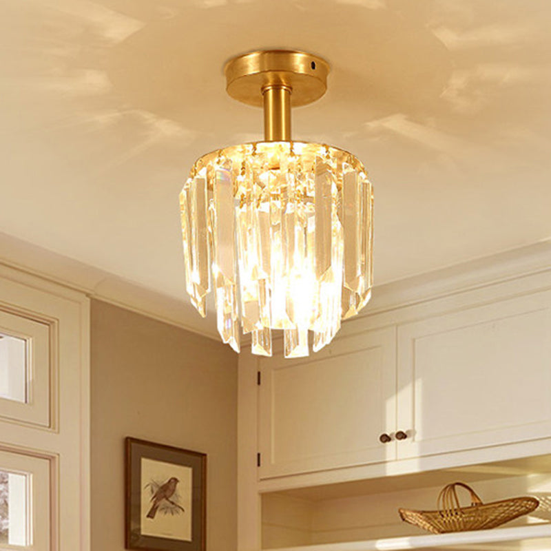 Brass Crystal Semi Flush Mount Ceiling Light For Porch - Simple Drum Design Clear 1 - Light